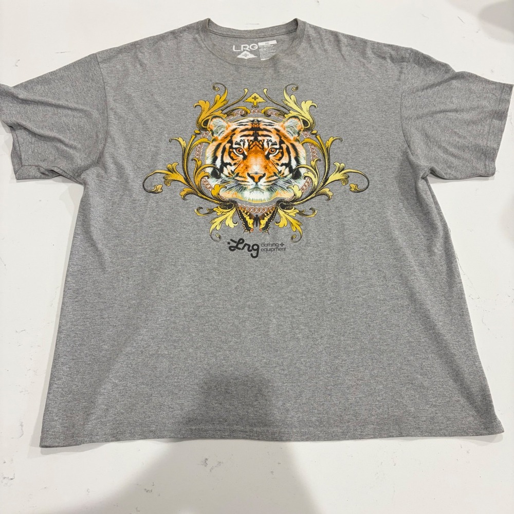 LRG Mens Tiger Graphic Tee Gray Short Sleeve Streetwear T-Shirt 2XL